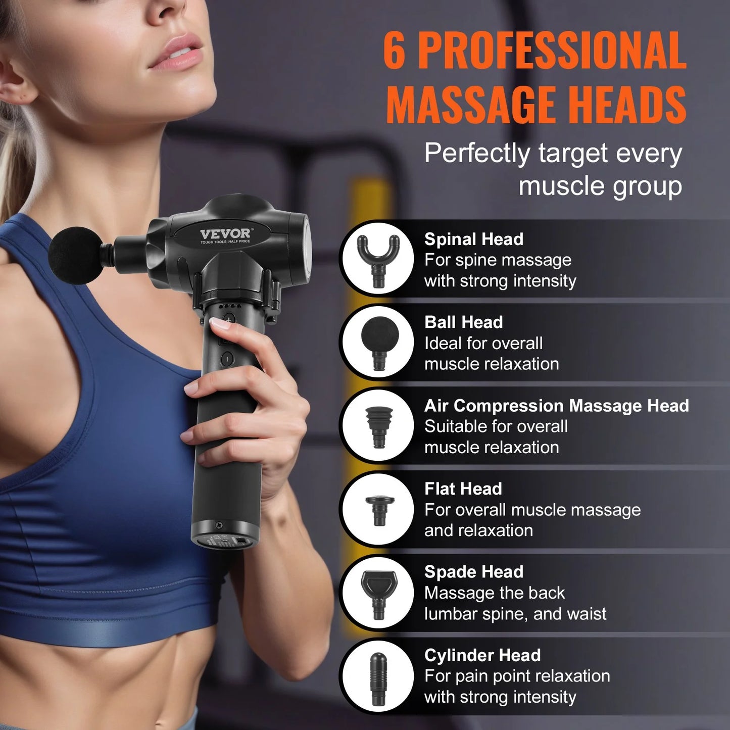 VEVOR Professional Deep Tissue Massage Gun with 9 Speed Settings and 6 Interchangeable Massage Heads, 24V 2500mAh Battery, Percussion Massager for Athletes, Handheld Electric Device for Pain Relief and Muscle Relaxation