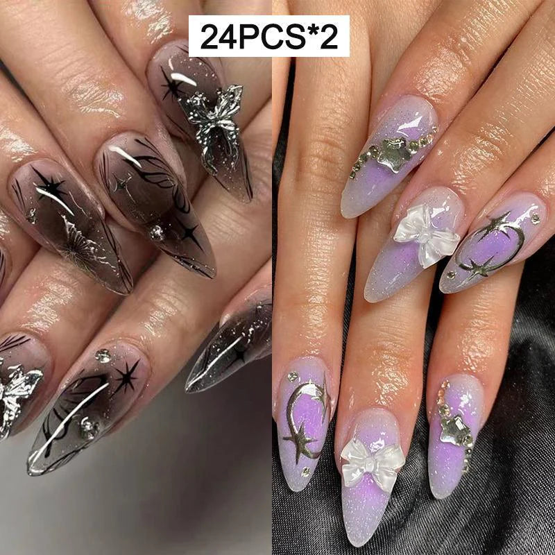 Gradient 3D Butterfly Press-On Nail Art Set for Women and Girls, 24 Pieces with Rhinestone Accents, Jelly Tape, and Nail File - Elegant Stick-On Nails Kit for Gifting and Acrylic Nail Art