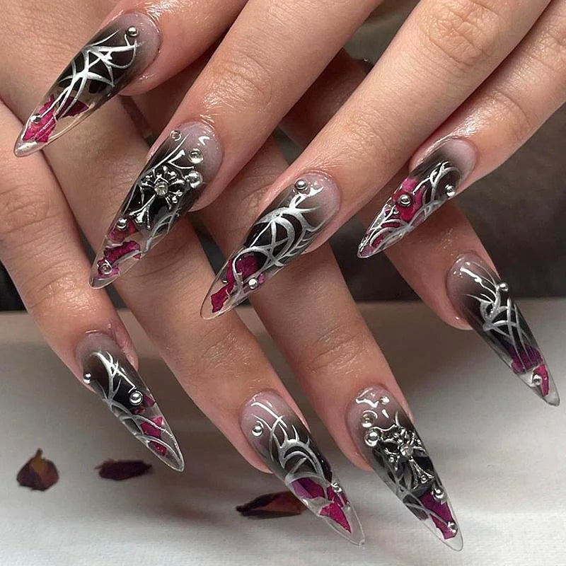 Gradient 3D Butterfly Press-On Nail Art Set for Women and Girls, 24 Pieces with Rhinestone Accents, Jelly Tape, and Nail File - Elegant Stick-On Nails Kit for Gifting and Acrylic Nail Art
