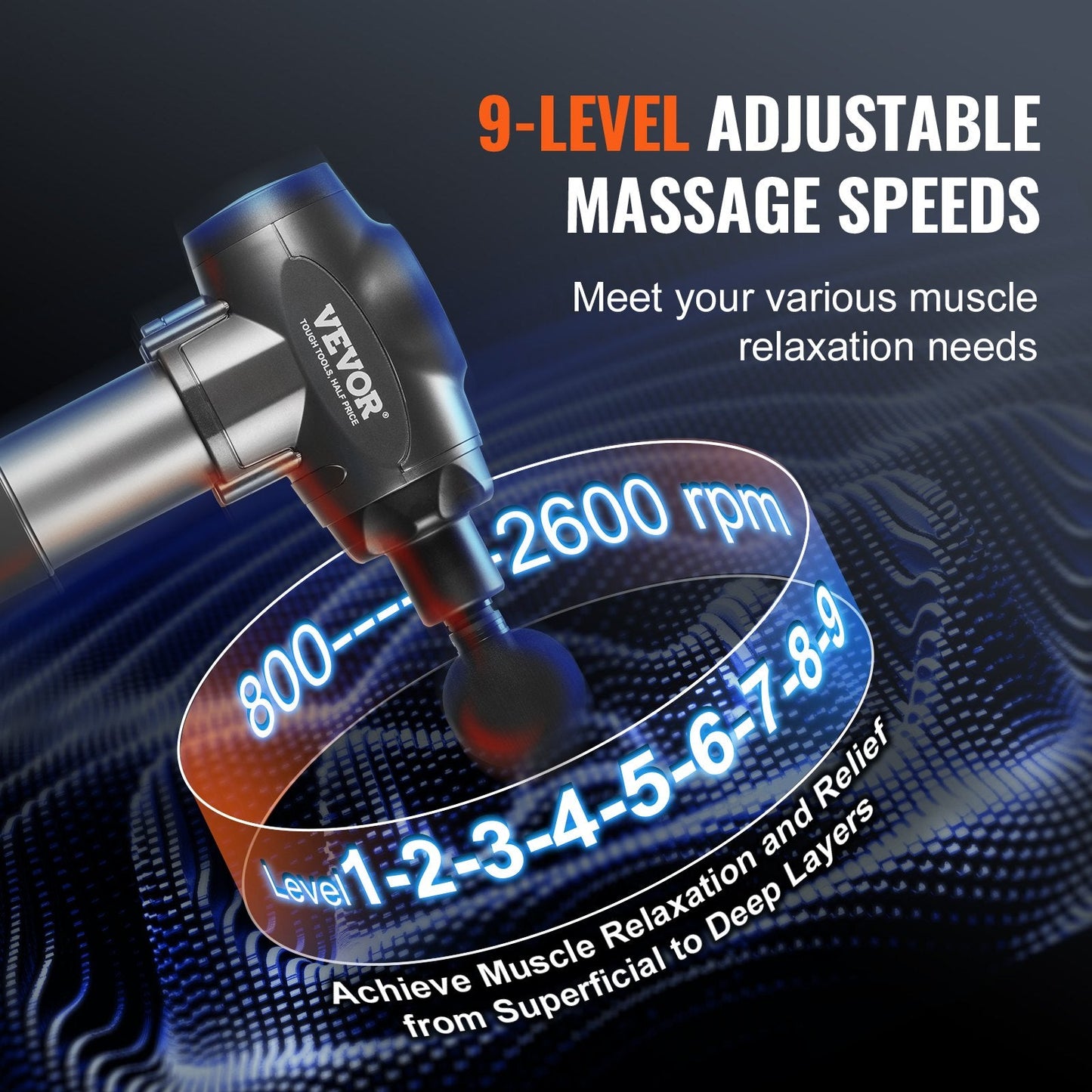 VEVOR Professional Deep Tissue Massage Gun with 9 Speed Settings and 6 Interchangeable Massage Heads, 24V 2500mAh Battery, Percussion Massager for Athletes, Handheld Electric Device for Pain Relief and Muscle Relaxation