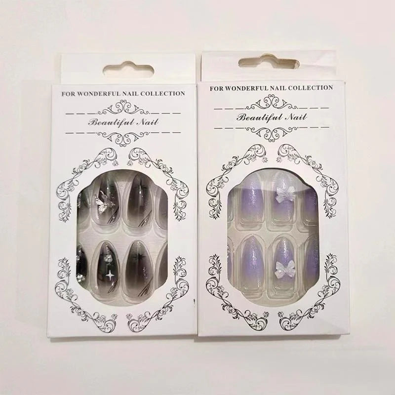 Gradient 3D Butterfly Press-On Nail Art Set for Women and Girls, 24 Pieces with Rhinestone Accents, Jelly Tape, and Nail File - Elegant Stick-On Nails Kit for Gifting and Acrylic Nail Art