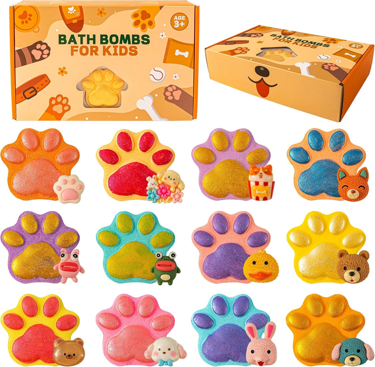 Bath Bombs for Kids with Surprise Toys Inside, 12 Pack Paw Bath Bombs Gift Set, Bubble Bath Bomb Kit with Toys, Kids Bubble Bath Fizzy for Girls Boys with Bath Inside