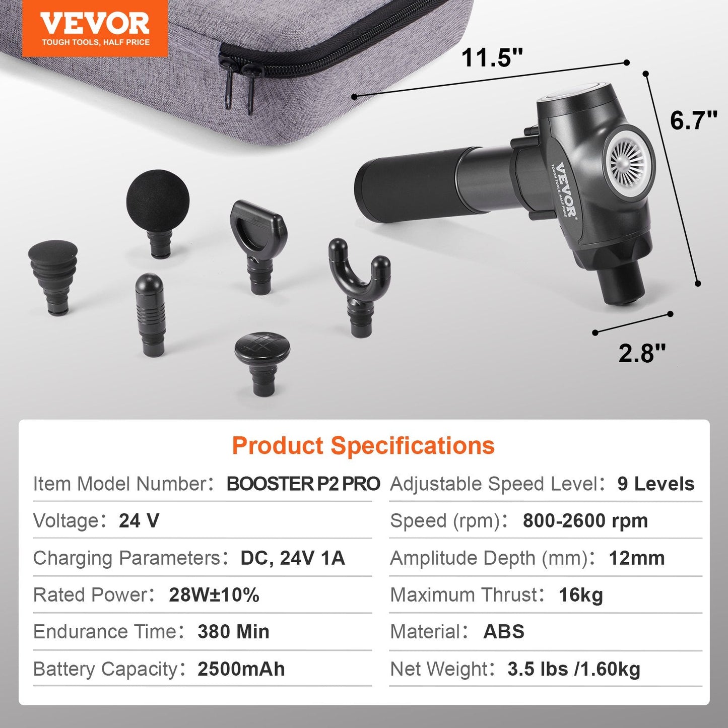 VEVOR Professional Deep Tissue Massage Gun with 9 Speed Settings and 6 Interchangeable Massage Heads, 24V 2500mAh Battery, Percussion Massager for Athletes, Handheld Electric Device for Pain Relief and Muscle Relaxation