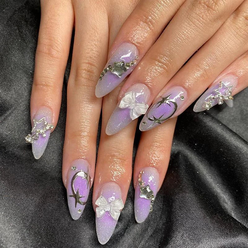 Gradient 3D Butterfly Press-On Nail Art Set for Women and Girls, 24 Pieces with Rhinestone Accents, Jelly Tape, and Nail File - Elegant Stick-On Nails Kit for Gifting and Acrylic Nail Art