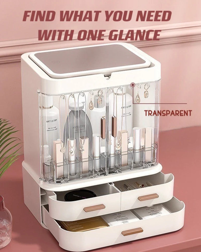 Comprehensive Organizer with LED Mirror for Makeup, Skincare, and Accessories