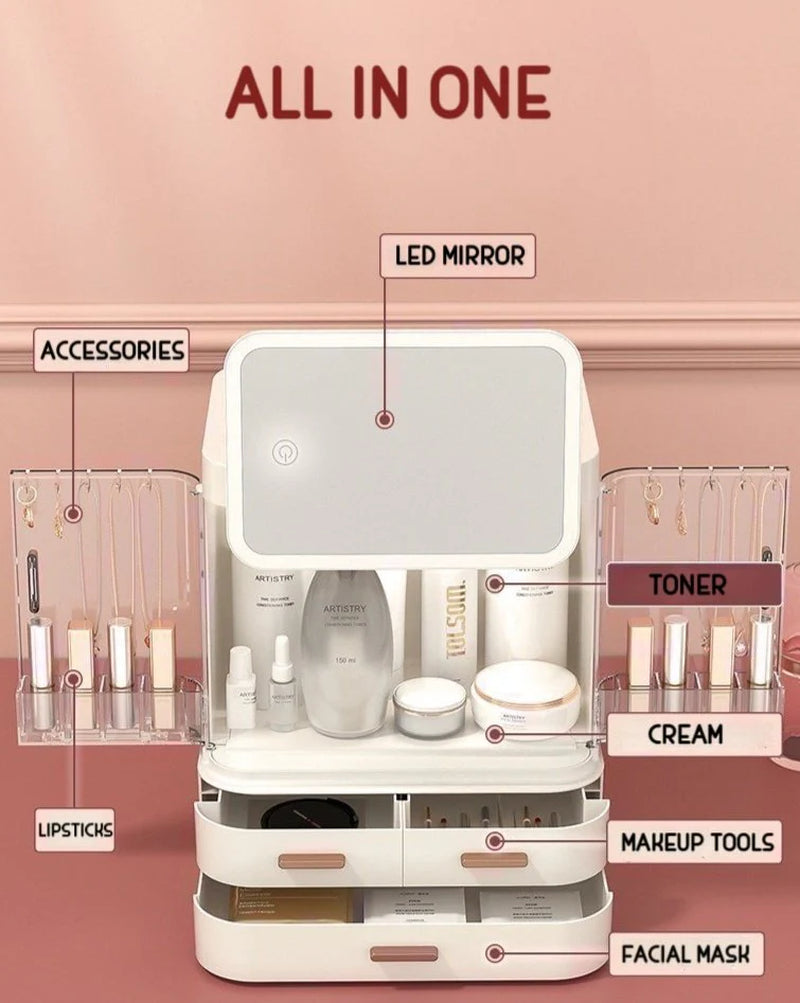 Comprehensive Organizer with LED Mirror for Makeup, Skincare, and Accessories