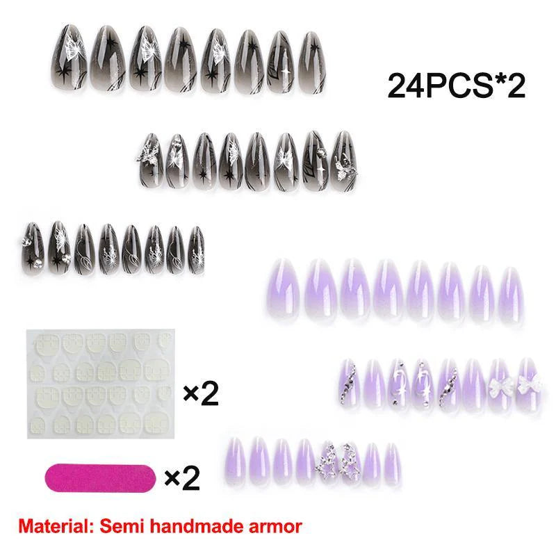 Gradient 3D Butterfly Press-On Nail Art Set for Women and Girls, 24 Pieces with Rhinestone Accents, Jelly Tape, and Nail File - Elegant Stick-On Nails Kit for Gifting and Acrylic Nail Art