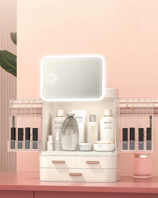 Comprehensive Organizer with LED Mirror for Makeup, Skincare, and Accessories