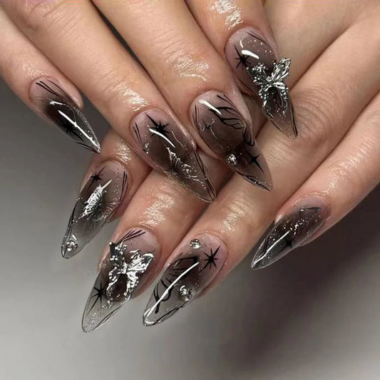 Gradient 3D Butterfly Press-On Nail Art Set for Women and Girls, 24 Pieces with Rhinestone Accents, Jelly Tape, and Nail File - Elegant Stick-On Nails Kit for Gifting and Acrylic Nail Art