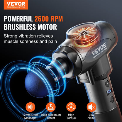 VEVOR Professional Deep Tissue Massage Gun with 9 Speed Settings and 6 Interchangeable Massage Heads, 24V 2500mAh Battery, Percussion Massager for Athletes, Handheld Electric Device for Pain Relief and Muscle Relaxation