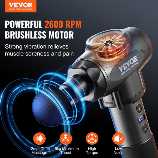 VEVOR Professional Deep Tissue Massage Gun with 9 Speed Settings and 6 Interchangeable Massage Heads, 24V 2500mAh Battery, Percussion Massager for Athletes, Handheld Electric Device for Pain Relief and Muscle Relaxation