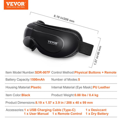VEVOR Bluetooth Eye Massager with Heat and Remote Control - 5 Modes for Enhanced Eye Care