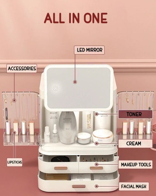 Comprehensive Organizer with LED Mirror for Makeup, Skincare, and Accessories