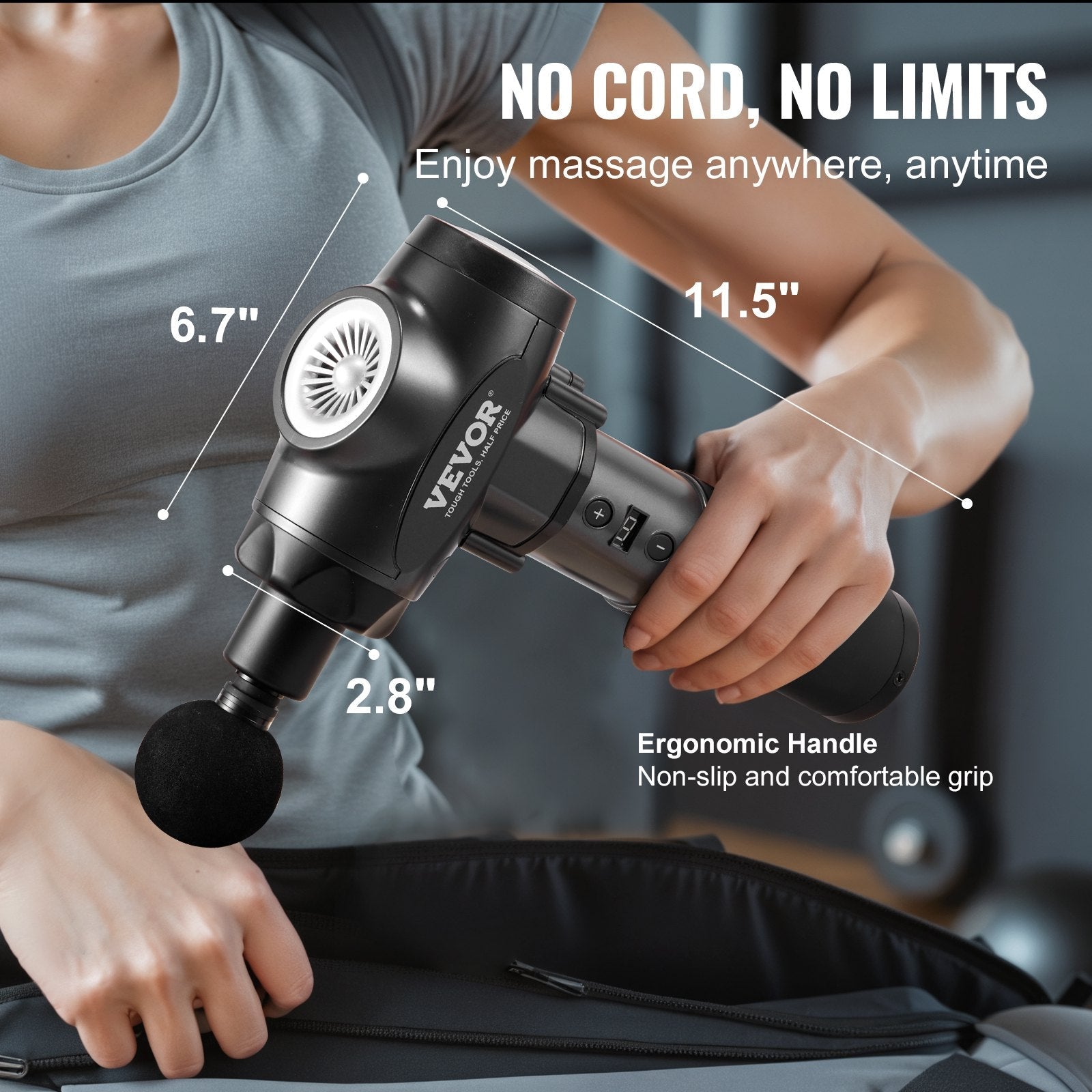 VEVOR Professional Deep Tissue Massage Gun with 9 Speed Settings and 6 Interchangeable Massage Heads, 24V 2500mAh Battery, Percussion Massager for Athletes, Handheld Electric Device for Pain Relief and Muscle Relaxation